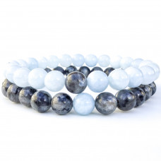 Aqua + Larvikite Beads Bracelet Couple Pair 8 mm