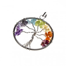 Multicolor Oval Crystal Wire Wrapped Chakra Tree of Life Pendant